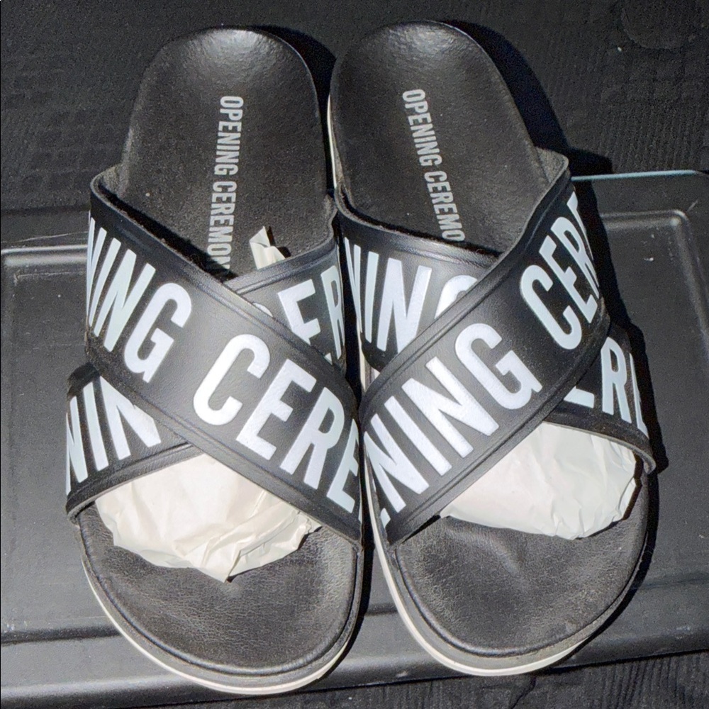 Opening Ceremony Black and White Cross Strap Slides
